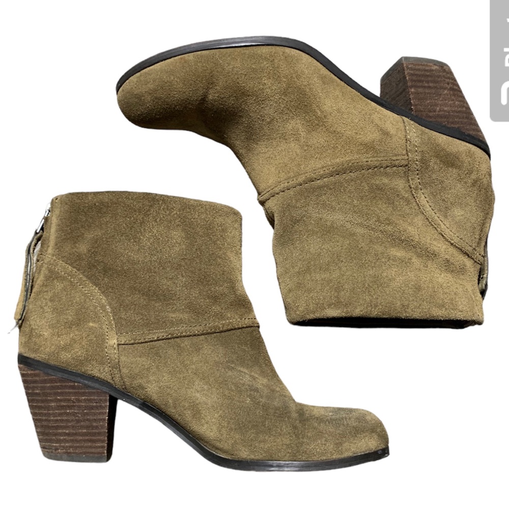 Sam Edelman Larkin Olive Green Suede Ankle Booties Stacked Heel Back Zip Mens 9M